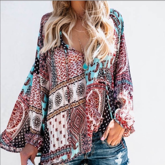 Women's Sheer Summer Boho Top With Floral, Paisley, Red, Turquoise - Picture 1 of 12